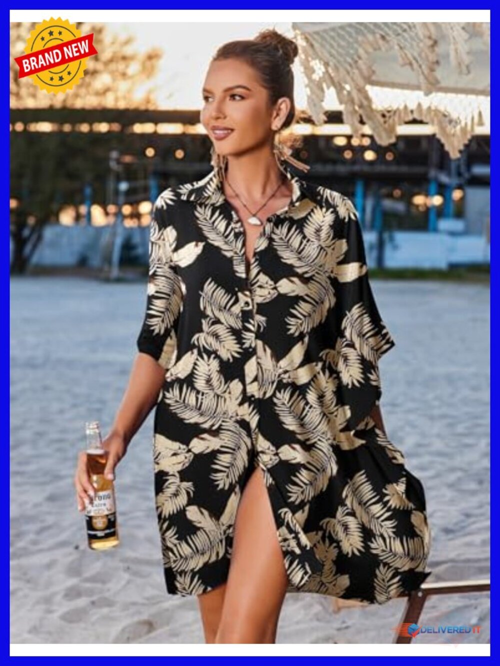 3/4 Sleeve Button Down Cover Up Loose Fit Swimsuit Beachwear - Picture 4 of 6